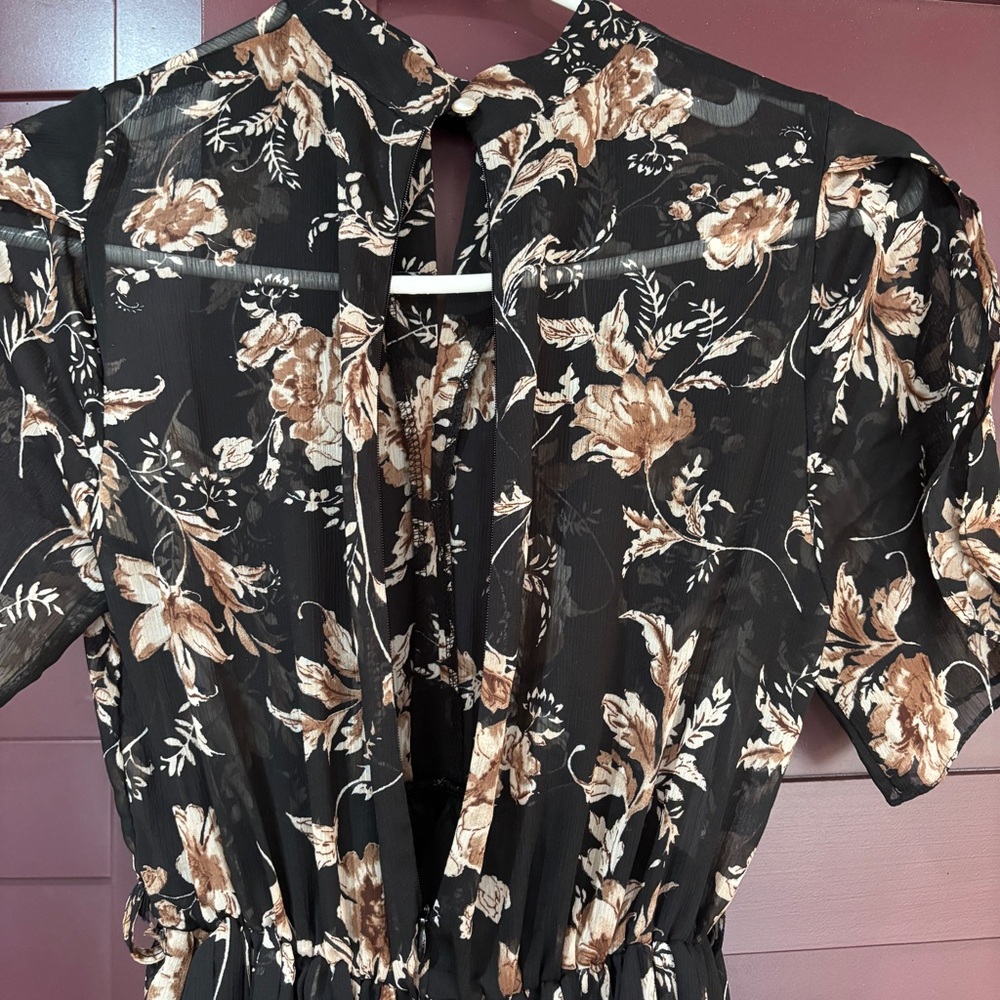 Floral Black and Brown Dress with keyhole collar